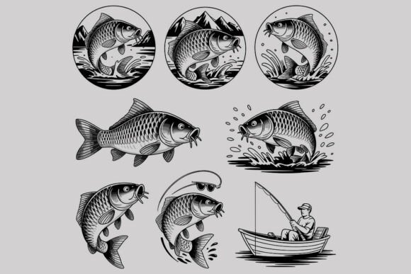 Vintage Fishing Carp Illustration Bundle: Graphics for Crafts